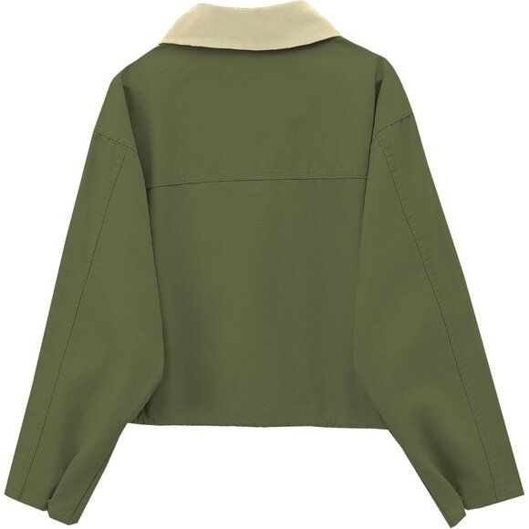 Women Army green Cropped Utility Cargo Coat Contrast Collar Barn Outwear - Picture 4 of 6